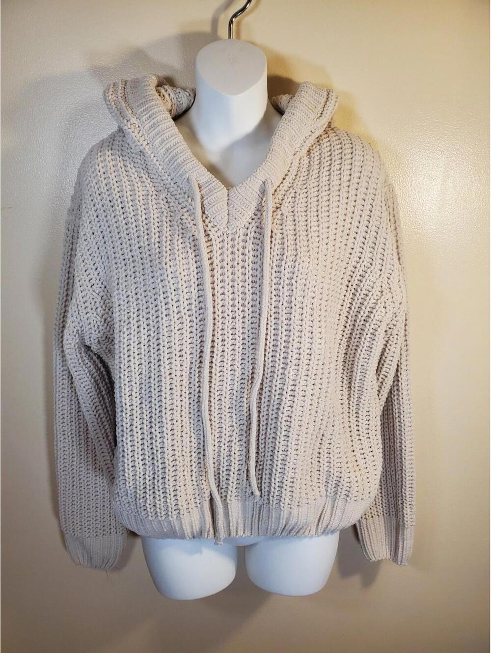 Pol Hooded Cropped Sweater Women's Size Med Beige Cable Knit Pullover, Preppy
